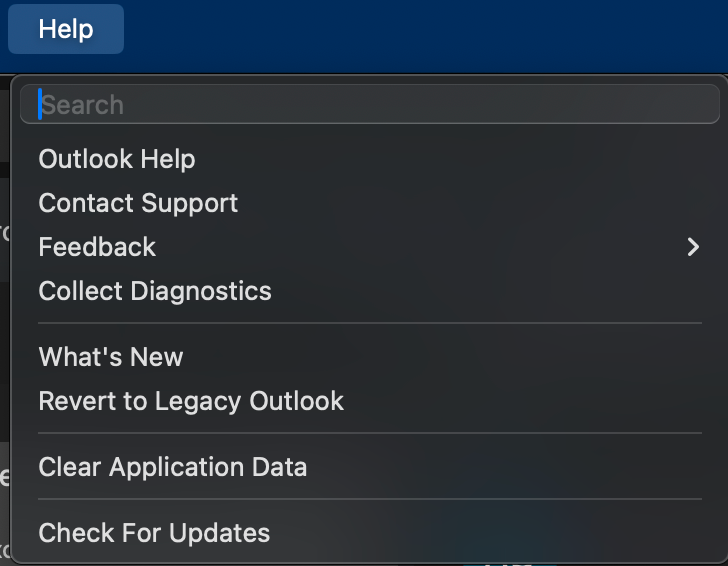 Mac Outlook drop down menu